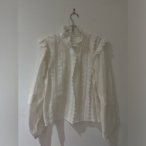 FRAME White Turtleneck, Lace Inserts, and Shoulder Ruffle Blouse